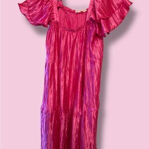 Hot Pink Crinkled Flutter Sleeve Maxi Dress